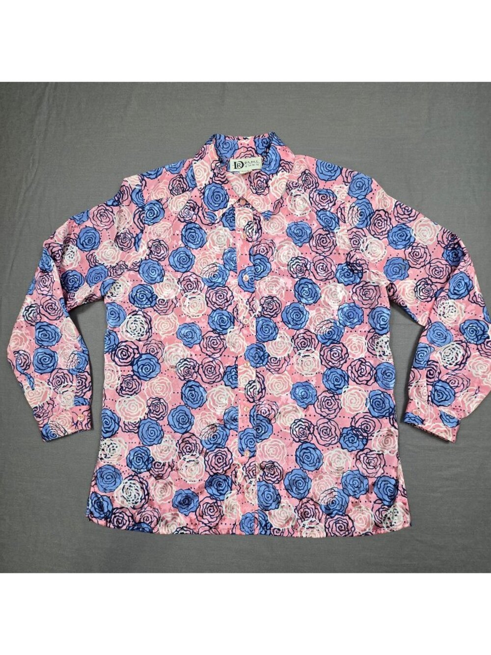 Vintage Da-Rue California Satin Button-Up Blouse Size 12 Large Pink/Blue Floral